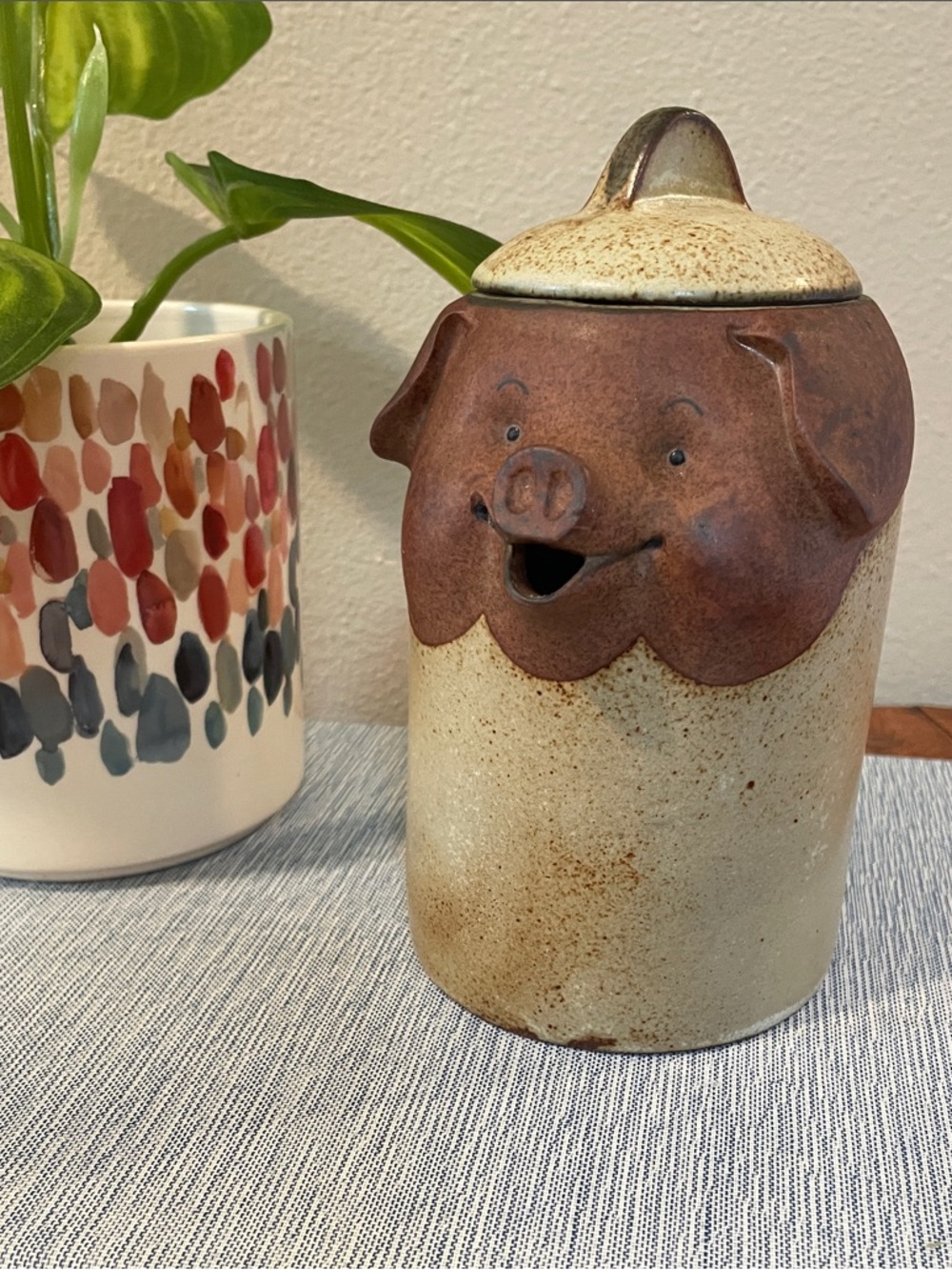 Vintage UCTCI Japan Stoneware Pig Canister / Teapot – 1970s – Brown & Beige